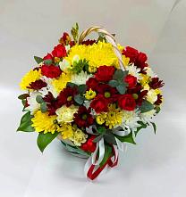 Цветочная композиция из Хризантемы и Розы в корзине в Гигирево
