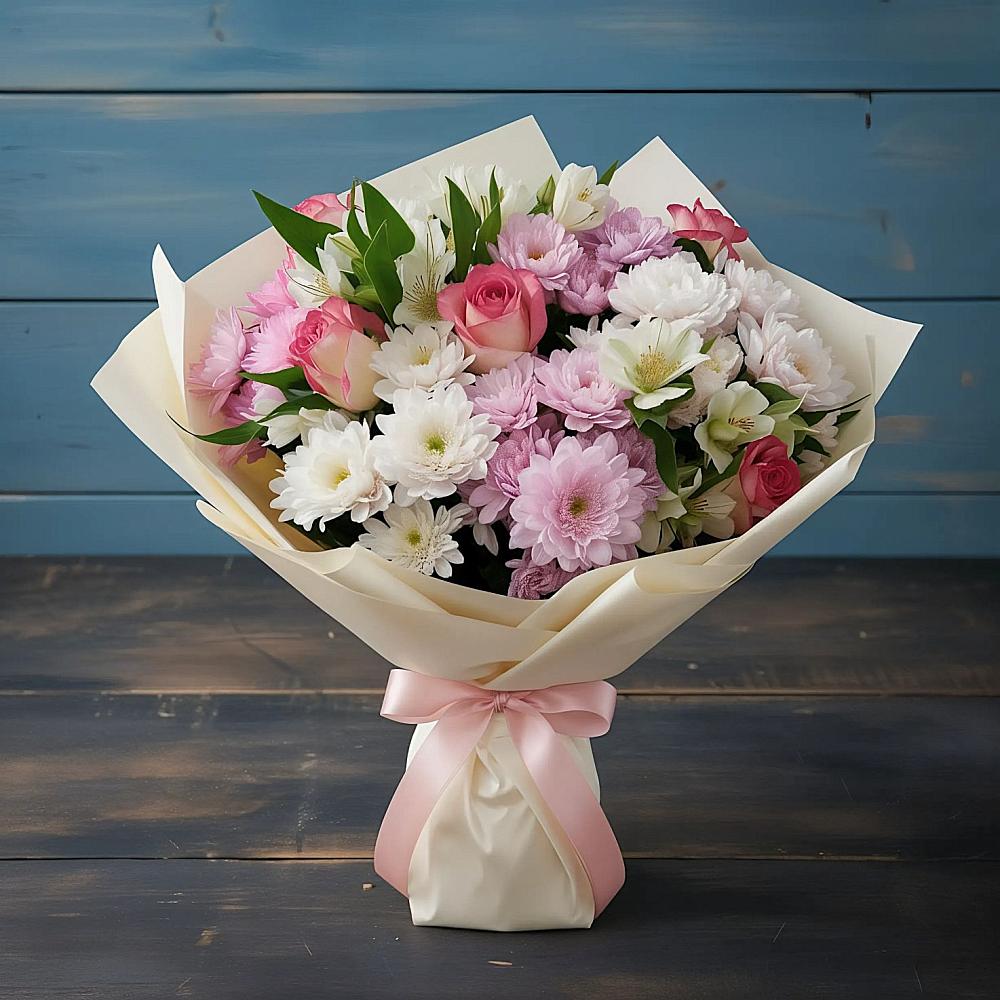 Букет цветов из: Хризантемы, Альстромерии и Розы в Гигирево